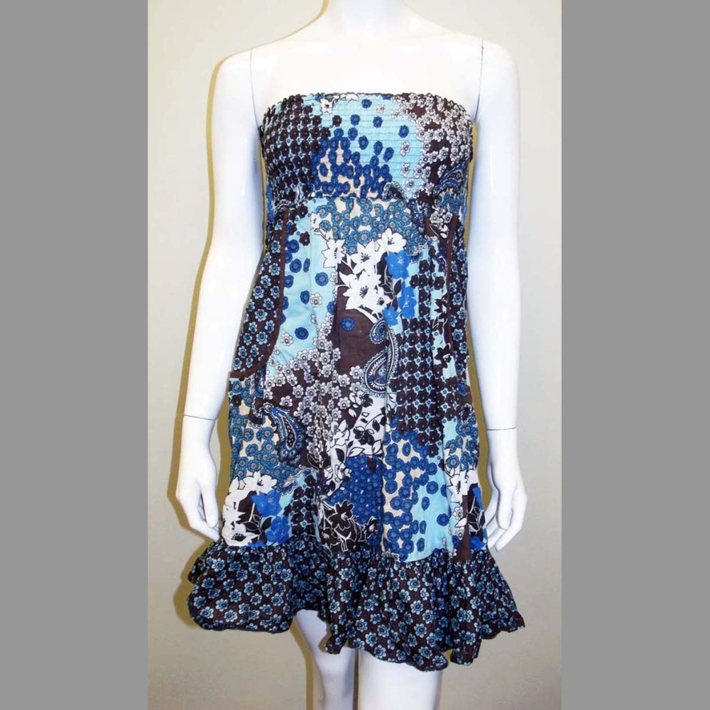 Blue & Brown Strapless Dress / Cover Up - Size L